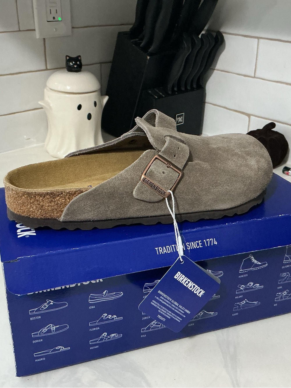 Birkenstock Boston Suede Clog in Taupe Gray